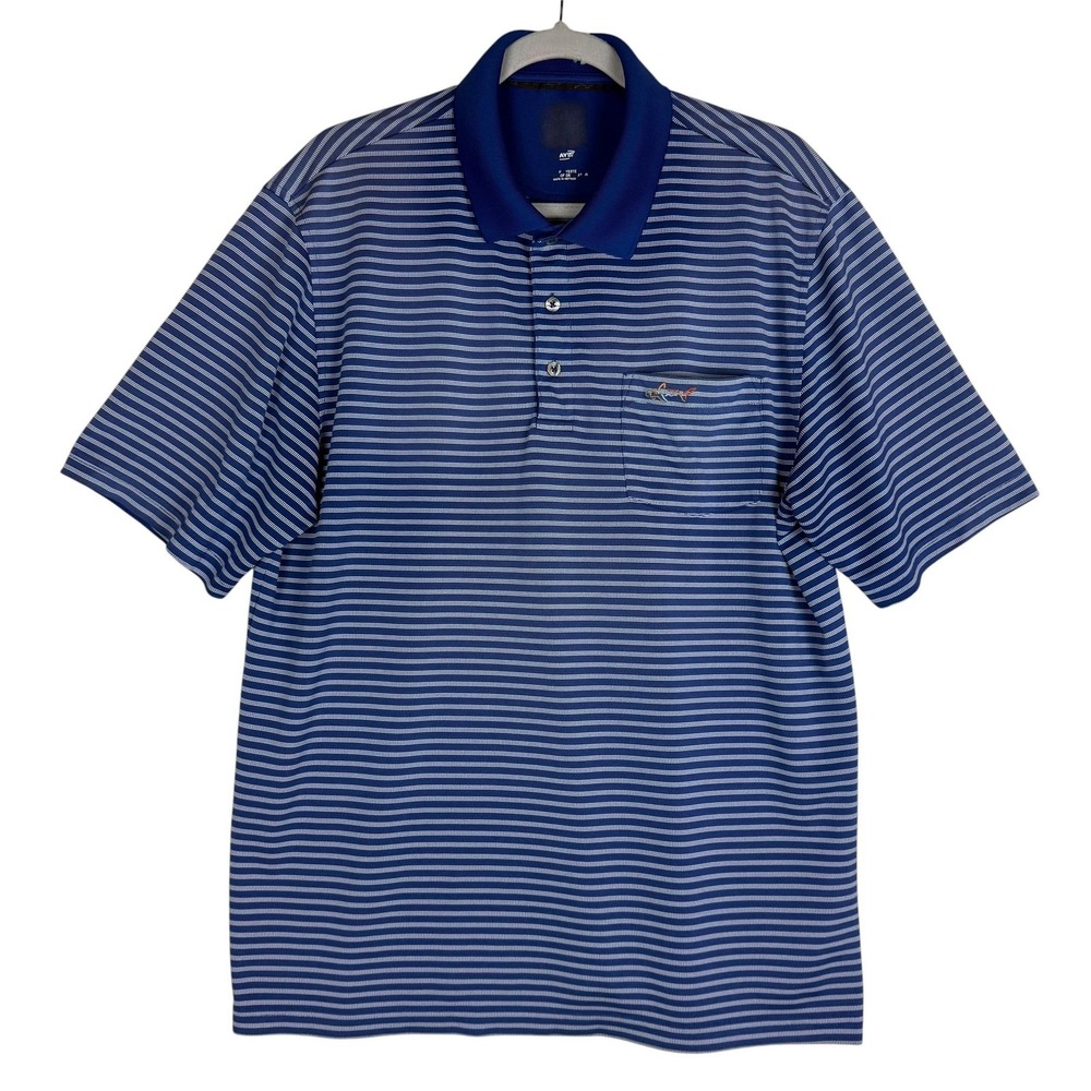 Greg Norman Polo Shirt Mens Large Blue Stripe Play Dry Golf Pocket Performance
